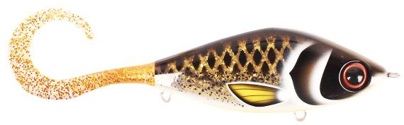 TrueGlide Guppie Jr Shallow, 11cm, 58gr - Spotted Bullhead - Gold Glitter dans le groupe Leurre de la peche / Tail baits et leurres hybrides l\'adresse Sportfiskeprylar.se (29-EG208AS-TR008)
